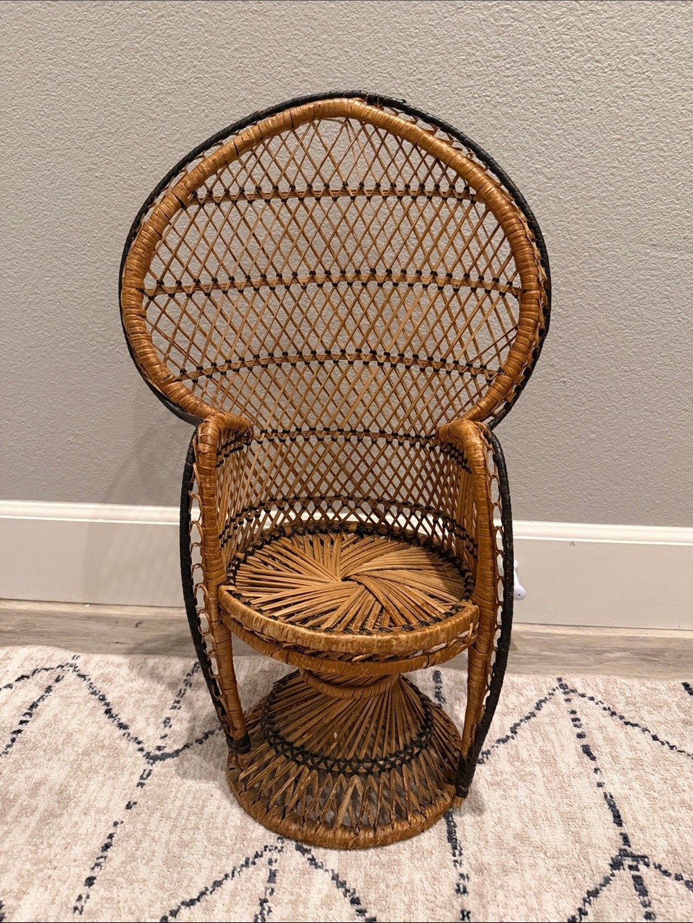 Vintage Woven Peacock Fan Back Rattan Boho Doll Chair / Plant Stand